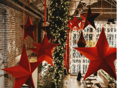 Red Christmas stars in a festively decorated room